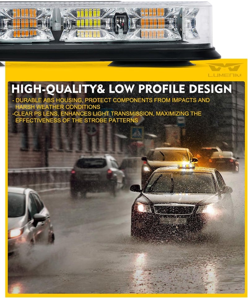 LUMENIX 12" Rooftop Strobe Beacon Light 72 LED Magnetic Emergency Flashing Warning Caution Mini Lights Bar for Construction Vehicles Snow Plow Tow Trucks Postal Mail Cars Patent Design - Amber White - Image 2